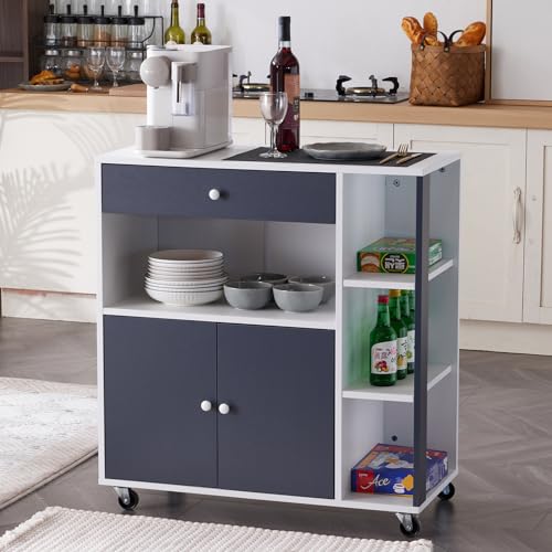 LEADZM Küchenwagen mit Rollen, Rollwagen mit Arbeitsplatte, Servierwagen mit 1 Schubladen, 3 Regalböden, Küchenschrank Rollwagen aus Holz, 80 x 39 x 86 cm (Grau) von LEADZM