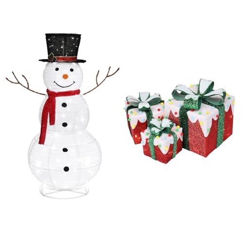 LEADZM LED Weihnachten deko-Beleuchteter Schneemann 90 weiße LED-Weihnachts Dekoration-Weihnachtenbox-Warmes Licht- Christbaumschmuck(Schneemann und Geschenkbox) von LEADZM
