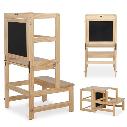 LEADZM Montessori Lernturm ab 18 Monaten - Lernstuhl für Kinder aus Massivholz, Klappbarer Lernturm, 3-in-1 Küchenhelfer mit Whiteboard, rutschfeste Matte (Küche/Bad) Natur von LEADZM