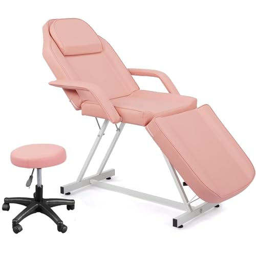 LEADZM Massageliege Klappbar Kosmetikliege mit Rollhocker 3 Zonen Höhenverstellbar Massagetisch Massagebett mit Rollhocker Drehhocker, Friseurstuhl für Friseur Spa Schönheitssalon Ausrüstung (Rosa) von LEADZM