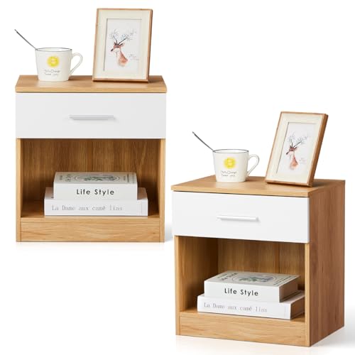 LEADZM Nachttisch 2er Set Nachtschrank Schlichter Beistelltisch Kommode mit offenem Fach und 1 Schublade für Schlafzimmer, Wohnzimmer, Eichen Farbe&Weiß 39 x 29 x 41 cm von LEADZM