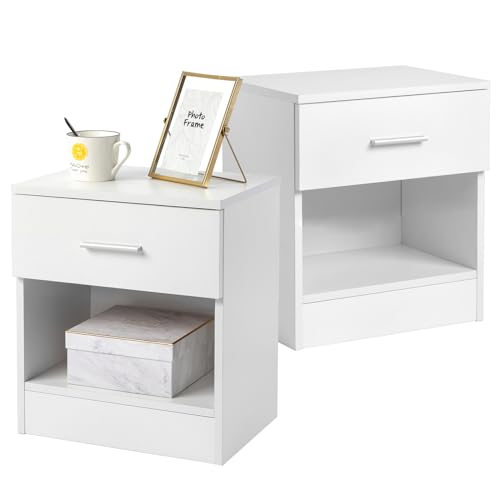 LEADZM Nachttisch 2er Set Nachtschrank Schlichter Beistelltisch Kommode mit offenem Fach und 1 Schublade für Schlafzimmer, Wohnzimmer Weiß von LEADZM