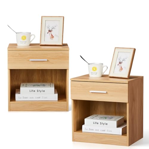 LEADZM Nachttisch 2er Set Nachtschrank Schlichter Beistelltisch Kommode mit offenem Fach und 1 Schublade für Schlafzimmer, Wohnzimmer Farbe Eiche von LEADZM