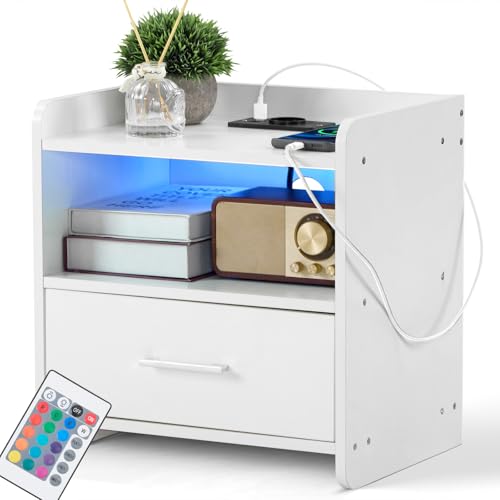LEADZM Nachttisch Beistellschrank Nachtschrank mit LED-Beleuchtung,16 LED Farben mit Ladestation und USB-Anschlüssen, Weiß (1, Weiß) von LEADZM