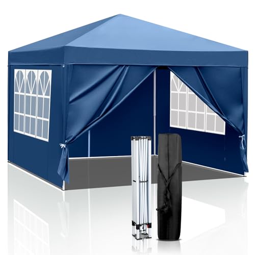 LEADZM Pavillon 3x3m Pop-up Faltpavillon,Höhenverstellbar,UV Schutz 50+,Gartenzelt,Partyzelt,Stahlrahmen,mit 4 Seitenteilen (Blau-4 Seitentuch) von LEADZM