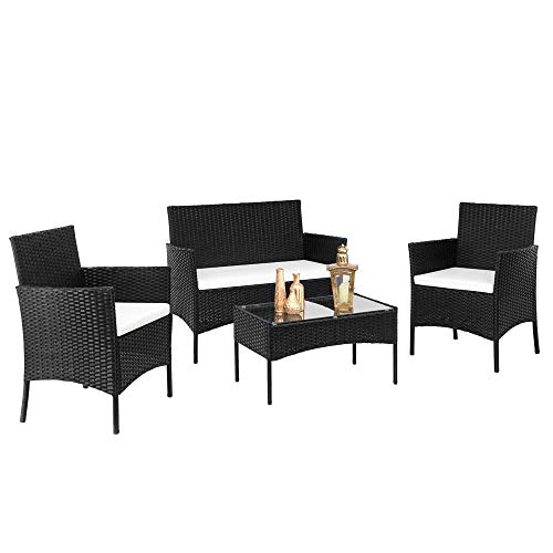 LEADZM Polyester Rattan Sitzgarnitur,Balkonmöbel,Gartenmöbel-Set,wetterfest,UV-Schutz, Sitzplätze für 4 Personen,Sofa für 2 Personen, 2 Einzelsessel, geeignet für Wohnzimmer, Balkon, Garten, Schwarz von LEADZM