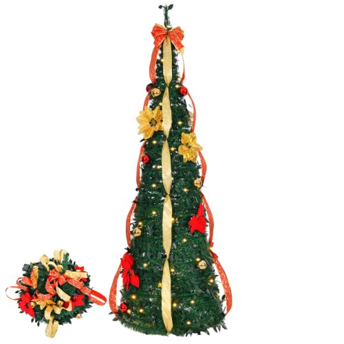 LEADZM Pop-up-Weihnachtsbaum mit 80 LED Beleuchtung, Teleskopstruktur, Warmes Licht, batteriebetrieben, Mit roten und goldenen Teilen, Flammhemmendes PVC - 180cm Künstlicher Weihnachtsbaum von LEADZM