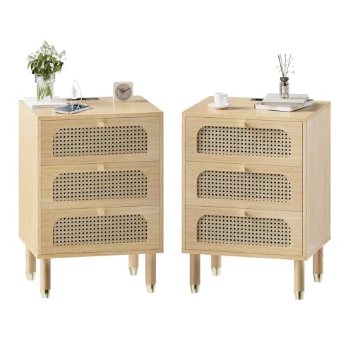 LEADZM Rattan Nachttisch 2er Set mit Ladestation, Nachttische 3 Schubladen 2er Set, Boho Endtisch/Beistelltisch, Rattan Nachttisch für Schlafzimmer (2, Eiche) von LEADZM