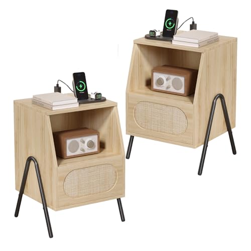 LEADZM Rattan Nachttisch 2er Set mit Ladestation, Nachttische Endtisch/Beistelltisch, Rattan Nachttisch für Schlafzimmer (2, Eiche) von LEADZM