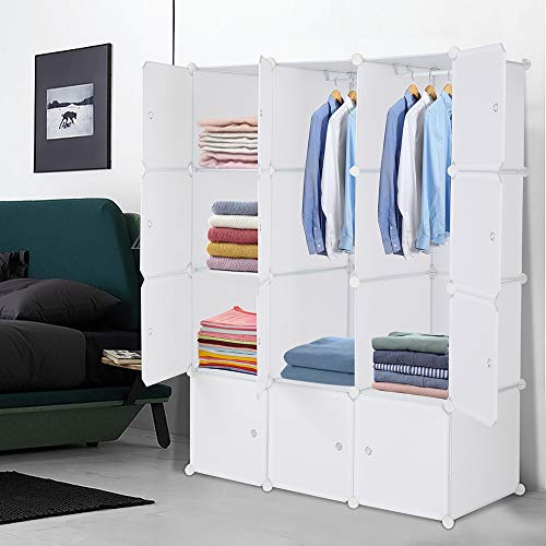 LEADZM Regalsystem, 12 Würfel, Kleiderschrank aus Kunststoff, mit Türen, Modulare Schrank für Platzsparendes, 105 x 45 x 140 cm, Weiß, Aufbewahrung von Kleidung, Schuhen etc.. von LEADZM