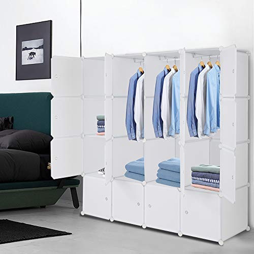 LEADZM Regalsystem, 16 Würfel, Kleiderschrank aus Kunststoff, mit Türen, Modulare Schrank für Platzsparendes, 140 x 45 x 140 cm, Weiß, Aufbewahrung von Kleidung, Schuhen etc.. von LEADZM