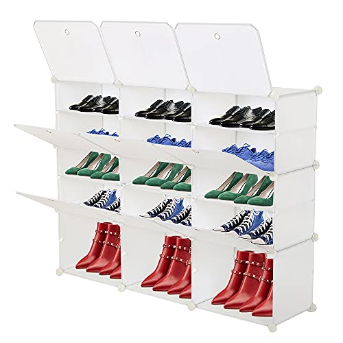 LEADZM Schuhschrank, 5-stufiger Schuhregal, Steckregal aus Kunststoff, mit Türen, Schuhaufbewahrung für 30 Paar Schuhe,für Schrank Flur Schlafzimmer, 120 x 30 x 90 cm, Weiß von LEADZM