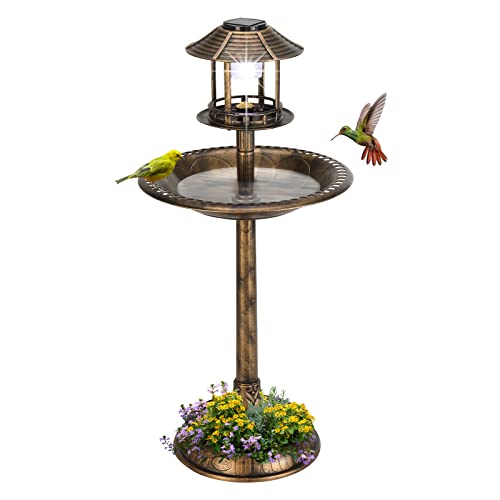 LEADZM Vogeltränke Stehend - Vogeltränke aus Starkes PP-Material, Vogelbad mit Solarleuchte, Blumenkübel & befüllbarem Ständer - Futterstation für Draußen Garten und Terrasse, 51 x 51 x 106 cm, Bronze von LEADZM