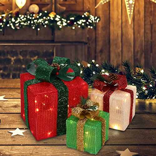 LEADZM Weihnachten Deko 3er Set 60LED Geschenkbox aus Zwiebelstoff Batterie betrieben Weihnachts Dekoboxen warm weiß beleuchtet von LEADZM