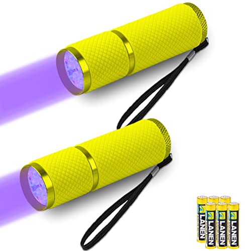 LEAGY 2er-Pack Mini-UV-Taschenlampe mit 9 LEDs und Batterien - Haustier-Urin-Detektor für Hund/Katze, fluoreszierende Mittel, trockene Flecken, Fälschungserkennung, Banknoten, Bettwanzen usw (Gelb) von LEAGY