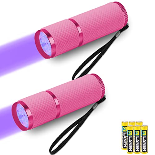 LEAGY 2er-Pack Mini-UV-Taschenlampe mit 9 LEDs und Batterien - Haustier-Urin-Detektor für Hund/Katze, fluoreszierende Mittel, trockene Flecken, Fälschungserkennung, Banknoten, Bettwanzen usw (Rosa) von LEAGY