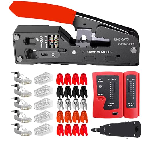 LEATBUY CAT6 Crimper CAT5 Crimpzange RJ45 Crimpwerkzeug-Set für normale Endpass-Through-Steckverbinder, deckt Netzwerkwerkzeug-Set LAN-Kabel Punch Down Cutter Abisolierzange (rot) von LEATBUY-TECH