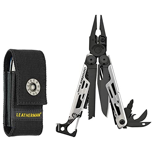 LEATHERMAN - Signal, Multi-Tool für den Outdoor-Einsatz, mit Feuerstein, Klingenschärfer und Signalpfeife, Schwarz/Silber mit Nylon Holster von LEATHERMAN