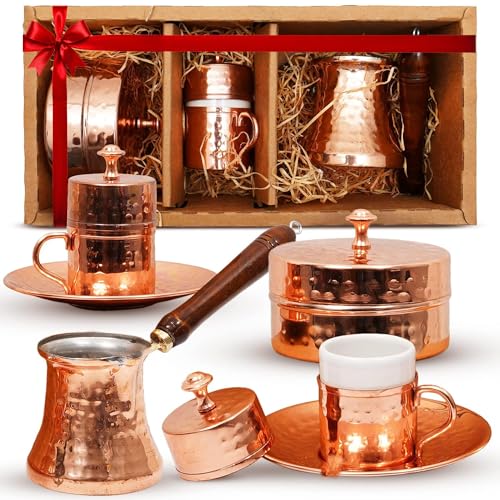 Türkisches Kaffee-Set, türkisches Kaffeebereiter-Set mit 2 Tassen, Zuckerdose und Kupfertopf (Cezve), traditionelles Geschenk für Latte-Liebhaber, 340 ml von LEAVITT BAY COFFEE