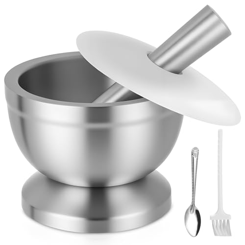 304 Mörser mit Stößel Set mit Stößel Klein, Löffel und Silikondeckel Gewürzmühle Brecher Kräuterschale, ist die Perfekte Kombination aus Mahlen, Mischen und Lagerung(350ml) von LEAZZLE