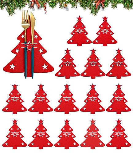 Besteckhalter Weihnachten Filz,16 Stück Bestecktasche Tannenbaum Besteckbeutel Weihnachtsbaum Tischdeko,Weihnachts Messer Gabeln Löffel Geschirr Besteck Taschen für Party Tisch Weihnachtsdeko(Rot) von LEAZZLE