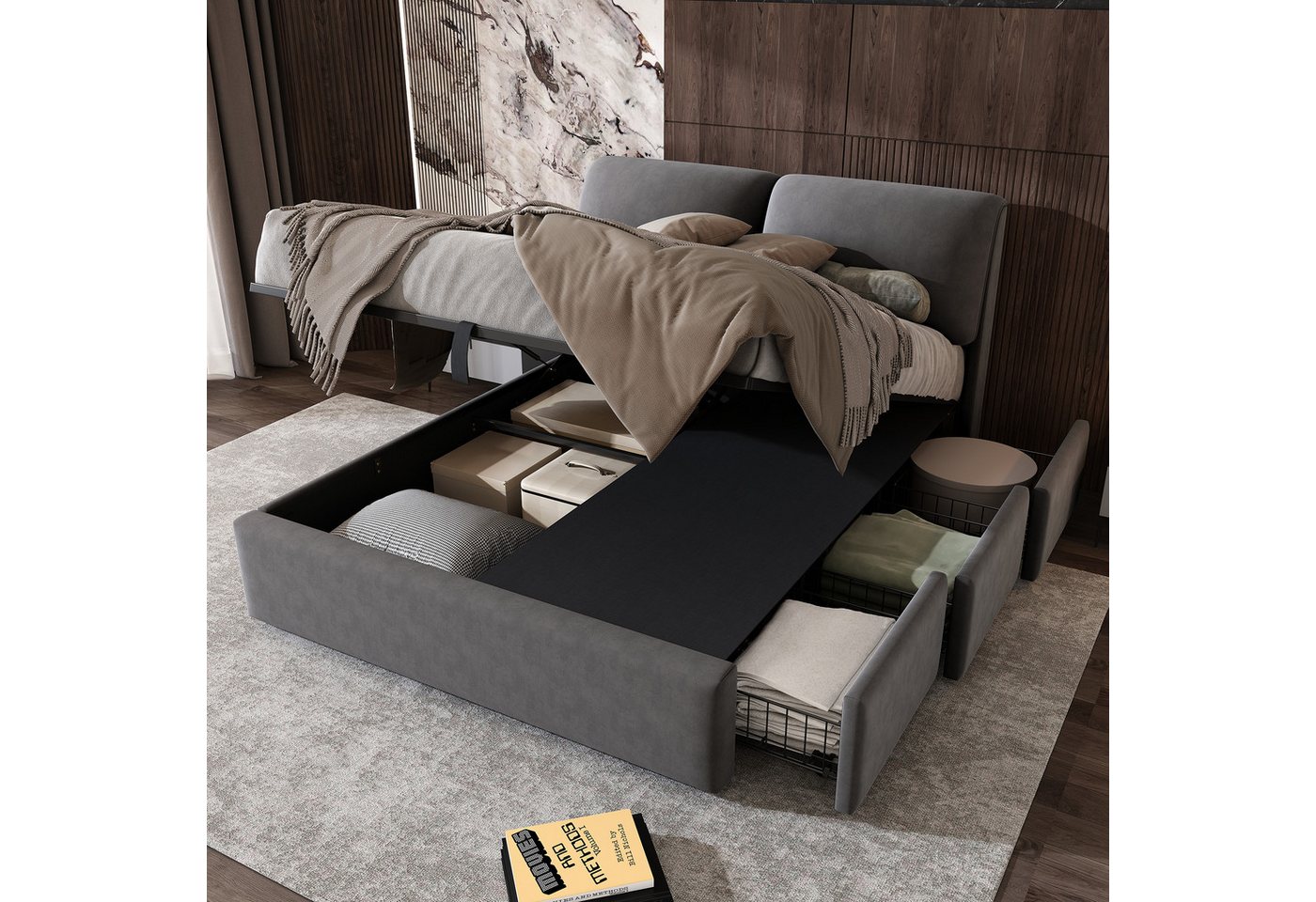 LEAZZLE Boxbett Polsterbett Hydraulisches Doppelbett Stauraumbett mit 3 Schubladen, (Elefantenohr Design Samtbett mit Verstellbares Kopfteil), Bettkasten Bett 140x190cm, Grau von LEAZZLE