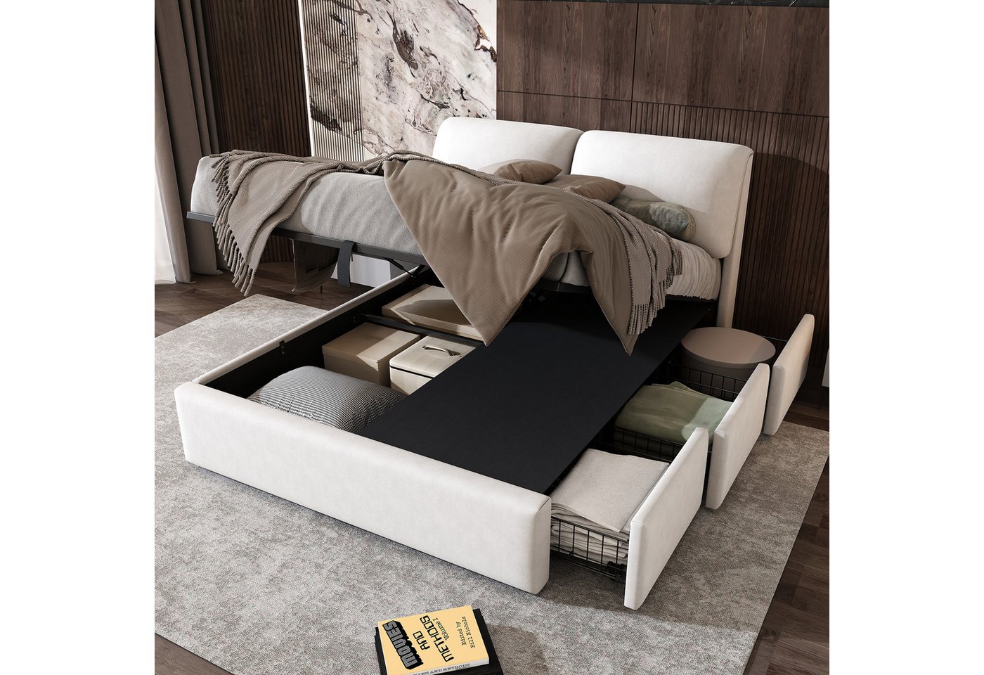 LEAZZLE Boxbett Polsterbett Hydraulisches Doppelbett Stauraumbett mit 3 Schubladen, (Elefantenohr Design Samtbett mit Verstellbares Kopfteil), Bettkasten Bett 180x200cm, Weiß von LEAZZLE