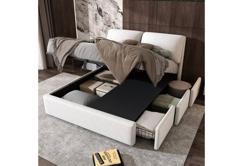 LEAZZLE Boxbett Polsterbett Hydraulisches Doppelbett Stauraumbett mit 3 Schubladen, (Elefantenohr Design Samtbett mit Verstellbares Kopfteil), Bettkasten Bett 180x200cm, Weiß von LEAZZLE