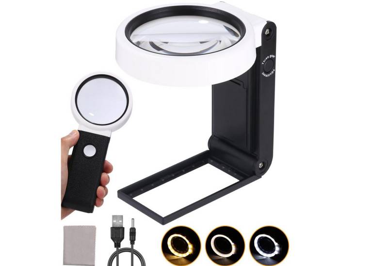 LEAZZLE Lupenlampe 25x Vergrößerung Handheld Lupe mit Leselampe, Faltbare Mini-Lupe, 25-fache Vergrößerung, 18 LEDs und 3 Dimm-Modi, Praktische Lupe, 18 LEDs, verstellbare Helligkeit, Schwarz von LEAZZLE