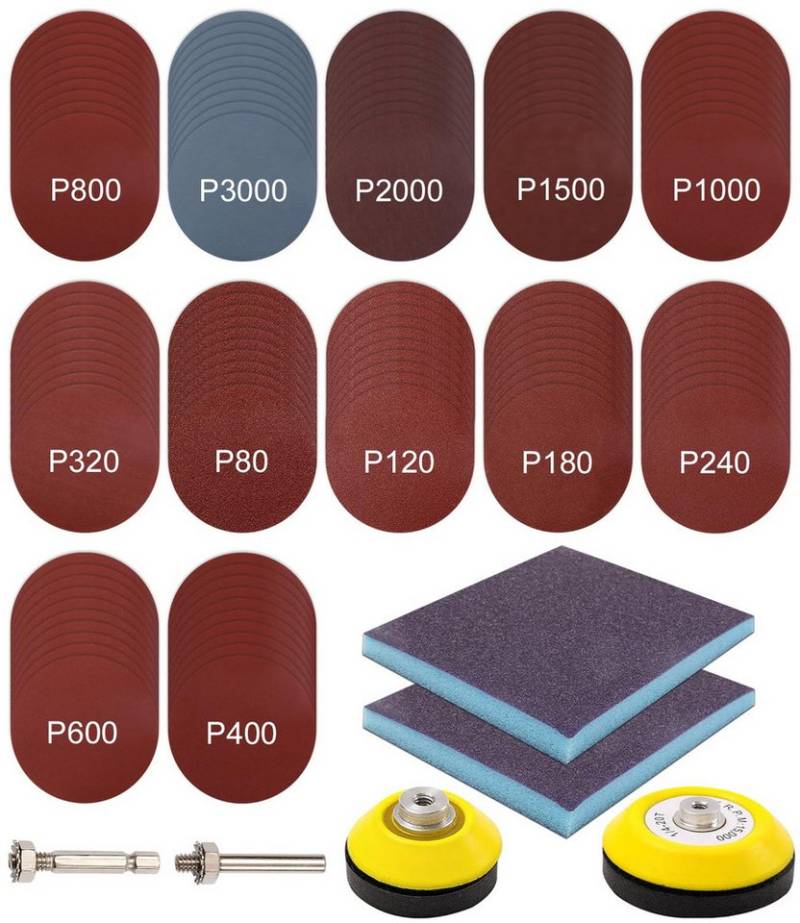 LEAZZLE Schleifpapier 128 Stück Schleifscheiben Pad Kit, 75mm Schleifpapier, (128 St., Schleifpapier Klett Schleifteller Polieraufsatz), Schleifaufsatz für Akkuschrauber Bohrmaschine,Körnungen 80 bis 3000 von LEAZZLE