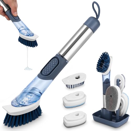 LEAZZLE Spülbürste mit Spülmittelspender, Multifunktional Reinigungsbürste Set mit 4 Ersatzköpfen und Halter, Küchenbürste, Abwaschbürste, Geschirrbürste für Geschirr Topf Pfanne Küchenspüle Reinigung von LEAZZLE