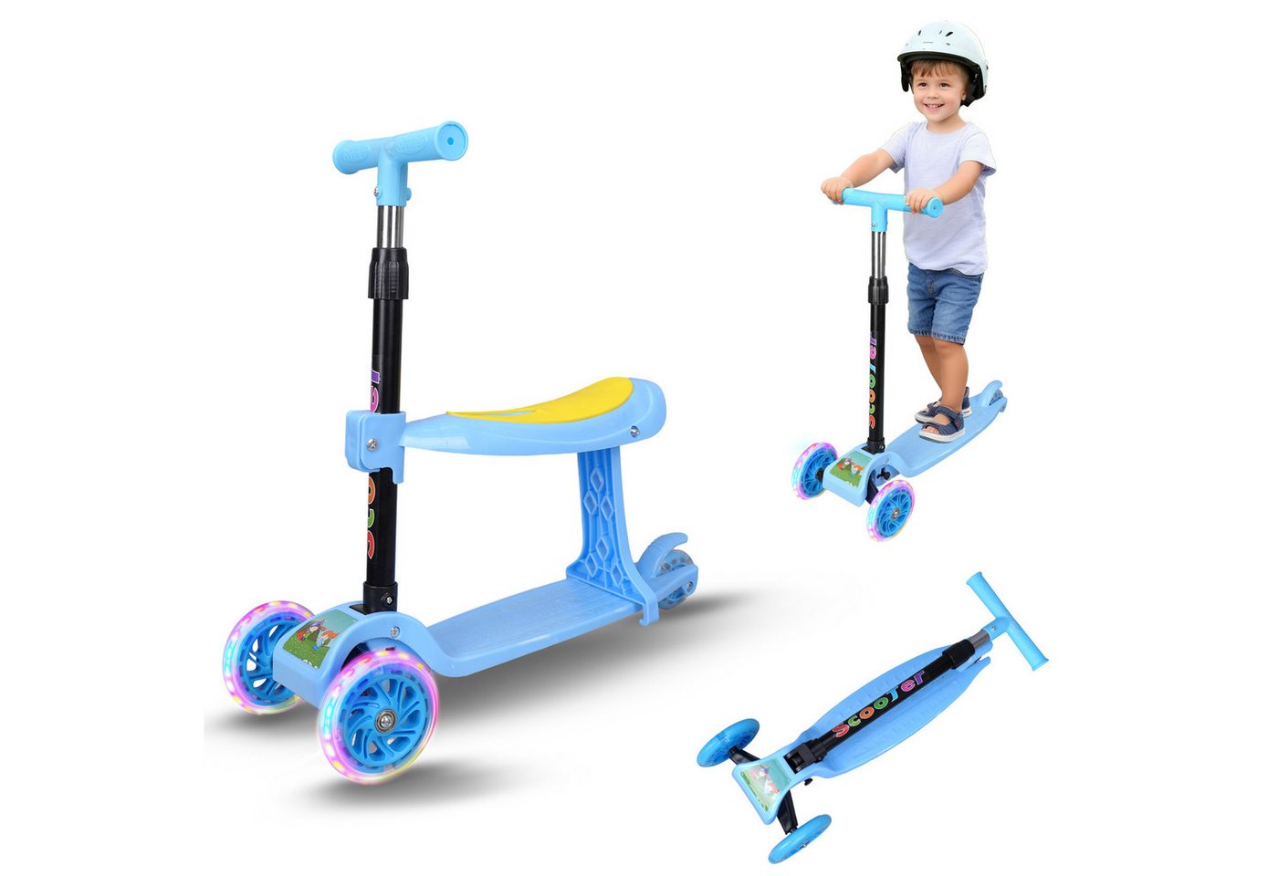 LEAZZLE Tretroller Halley Scooter 2 in 1, 3 Räder Kinderroller ab 3 Jahre, (mit Klappbar Sitz), Höhenverstellbare Led-räder Kinderroller für Jungen Mädchen von LEAZZLE