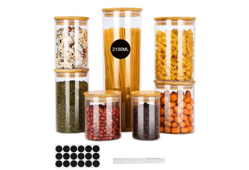 LEAZZLE Vorratsglas Transparent Glas Küche Vorratsdose Vorratsgläser Aufbewahrungsbox, (7-tlg), Glasdosen für Lebensmittel mit luftdichtem Bambus Deckel von LEAZZLE