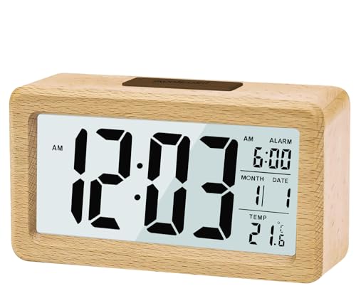 LEAZZLE Wecker Digital, Wecker Holz mit Sensore Moduls, Tischuhr mit Großer Anzeige, Datum, Teperatur Anzeige, Nachtlicht, Digital Uhr mit Snooze Moduls,für Schlafzimmer, Bett, Zuhause, Büro von LEAZZLE