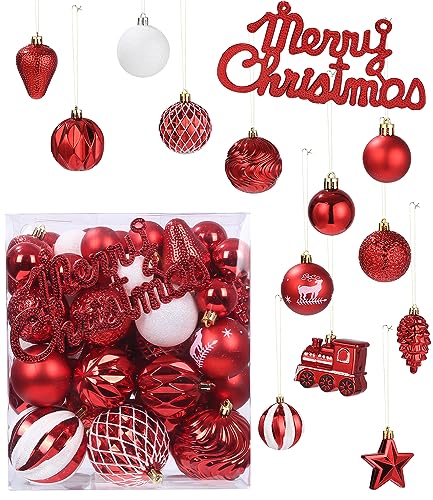 Neueste Weihnachtskugeln Ornamente 65 Stück,Kugeln Christbaumschmuck Plastik,Bruchsicher Weihnachten Kugeln,Christbaumkugeln Hängeornament,Weihnachtsbaumkugeln Box,Weihnachten Partydekoration(Rot) von LEAZZLE