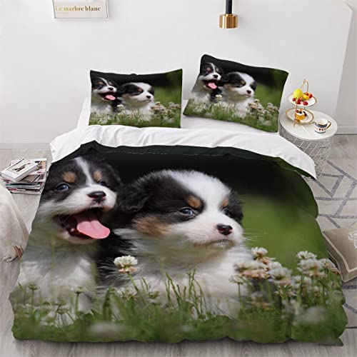 LEBEE Bettbezüge 135x200 Welpe-Collie 3D Motiv Bettwäsche-Sets 3 Teilig Kuschelig Atmungsaktive Bettwäsche Süßes Haustier Betten Set mit Reißverschluss und 2 Kissenbezug 80x80 für Jugendliche Kinder von LEBEE