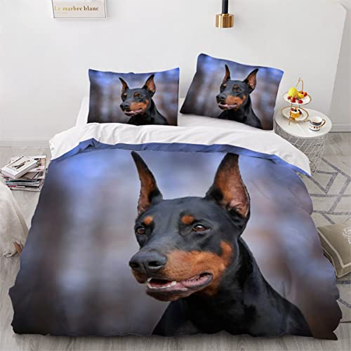 LEBEE Bettbezüge 200x200 Haustier Dobermann 3D Druck Bettwäsche-Sets 3 Teilig Kuschelig Atmungsaktive Bettwäsche Tier Betten Set mit Reißverschluss und 2 Kissenbezug 80x80 für Kinder Erwachsene von LEBEE