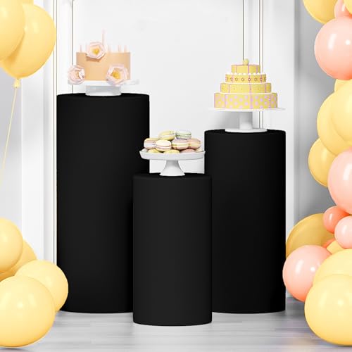 LEBENGURU 3 x Zylinder-Ständerabdeckungen, schwarz, rund, Spandex, elastischer Stoffsockel, Säulenabdeckung für Partys, Hochzeiten, Geburtstage, Veranstaltungen, Dekoration, Requisiten (nur von LEBENGURU