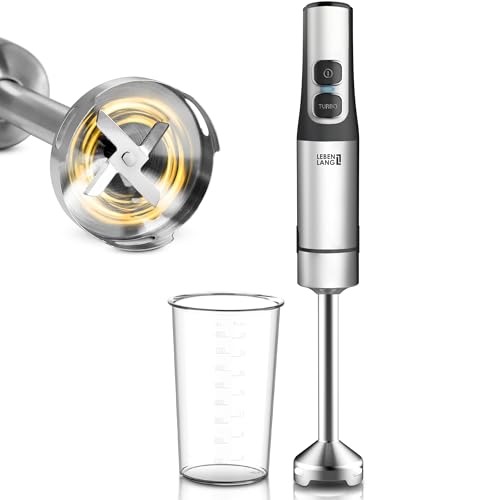 LEBENLANG 1200W Stabmixer Edelstahl - Inkl. 800ml Messbecher & Spritzschutz I Stufenlos verstellbar & Turbo I Pürierstab Zauberstab Mixer Mixstab Elektrische Hand Blender Purierstabmixer Pürierstäbe von LEBENLANG
