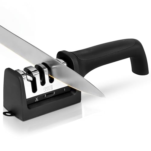 LEBENLANG 4 Stufen Messerschärfer - Kompakt für Grob- & Feinschliff I Scheren & Messer schärfen I Messer Schleifgerät Messerschleifer Profi Knife Sharpener Profi-Messerschärfer Dick & Dünne Messer von LEBENLANG