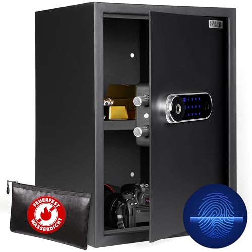 LEBENLANG 43L Safe Tresor für Zuhause - Mit Fingerabdrucksensor & Feuerfester Dokumententasche I Schranktresor Möbeltresor mit Zahlenschloss LED für Bargeld Geld Papiere Wandtresor Zimmersafe Sicher von LEBENLANG