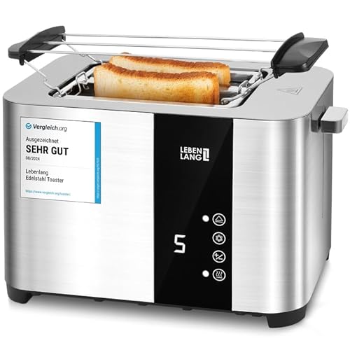 LEBENLANG Edelstahl Toaster mit Brötchenaufsatz 2 Scheiben - Touchscreen LED Display & 7 Stufen I 850W 2er Toster mit Display I Für Küche Haushalt & Camping Campingtoaster I Bread Toasters von LEBENLANG