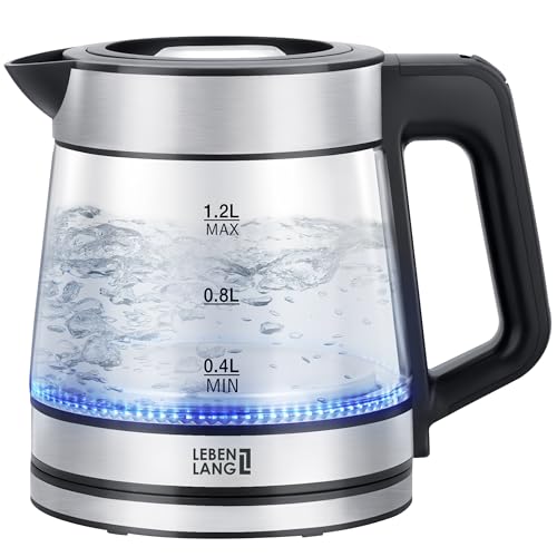 LEBENLANG Glas Wasserkocher klein - 1,2 Liter mit LED Beleuchtung I Edelstahl Design BPA-Frei Wasserkocher 1l 1 2 l Glas Glaswasserkocher Leiser & Kleiner Wasserkocher als Camping & Reisewasserkocher von LEBENLANG