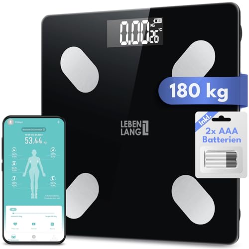 LEBENLANG Körperwaage Personenwaage digital - Bis 180 Kg Präziseste Messung mit App Connect I 4 Elektroden Waage Personen Körperfettwaage Gym Wage I Digitale Smart Weight Scale Scales Personenwaagen von LEBENLANG