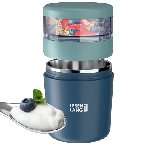 LEBENLANG Müslibecher To Go mit Löffel - Isolierende Edelstahlinnenwand & 650ml I Joghurtbecher to go Müslibecher Müsli to go Becher für Porridge Joghurt Yoghurt Kinder & Erwachsene Unterwegs von LEBENLANG