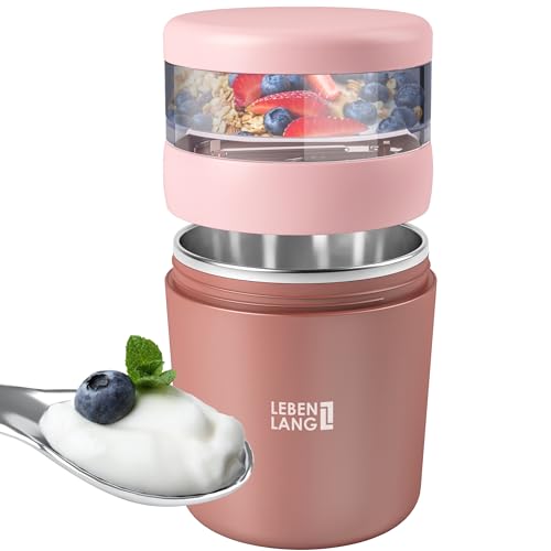 LEBENLANG Müslibecher To Go mit Löffel - Isolierende Edelstahlinnenwand & 650ml I Müslibecher Müsli to go Joghurtbecher to go Becher für Joghurt Porridge Yoghurt Kinder & Erwachsene Unterwegs von LEBENLANG