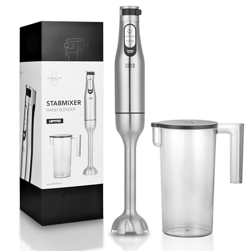LEBENLANG Premium 1200W Stabmixer Edelstahl - Inkl. 1000ml Messbecher & Spritzschutz I Stufenlos verstellbar & Turbo I Elektrische Hand Blender Pürierstab Edelstahl Zauberstab Mixstab Purierstabmixer von LEBENLANG