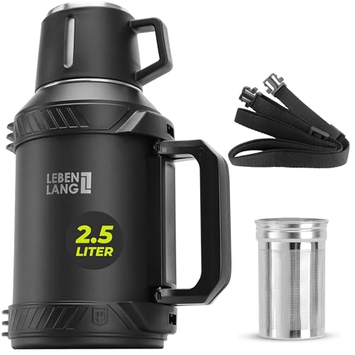 LEBENLANG Thermosflasche 2,5 Liter - 48h Heiß Inkl. Becher, Teesieb, Tragegurt I Trinkflasche Thermobecher 2 5 Liter Thermoskanne I Getränkeflasche Edelstahl Termoflaschen Isolierflasche Thermo Cup von LEBENLANG