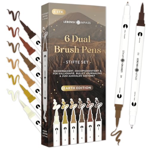 LEBENSKOMPASS® Brush Pen Set Earth - 6 Pinselstifte in warmen Brauntönen - Brushpens für Handlettering, Ausmalen & Bullet Journal - Dual Tip Stifte mit feiner & flexibler Spitze von LEBENSKOMPASS