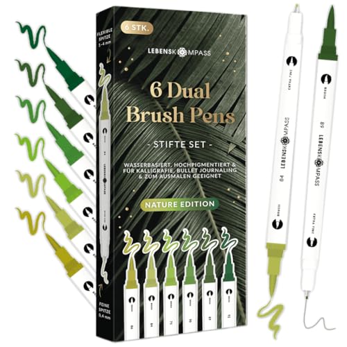 LEBENSKOMPASS® Brush Pen Set Nature - 6 Pinselstifte in Grüntönen - Brushpens für Handlettering, Ausmalen & Bullet Journal - Dual Tip Stifte mit feiner & flexibler Spitze von LEBENSKOMPASS